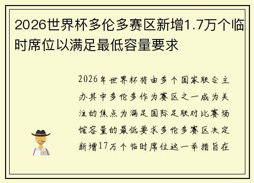 2026世界杯多伦多赛区新增1.7万个临时席位以满足最低容量要求