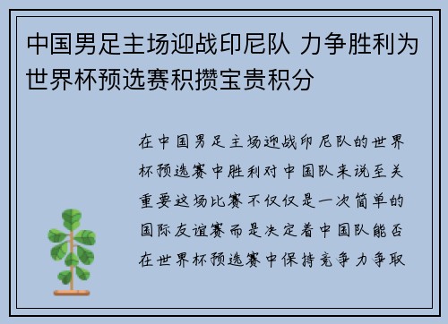 中国男足主场迎战印尼队 力争胜利为世界杯预选赛积攒宝贵积分